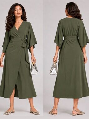 ATHLETA Calistoga Wrap Midi Dress S Tuscan Olive Khaki UPF 50+ Travel Resort